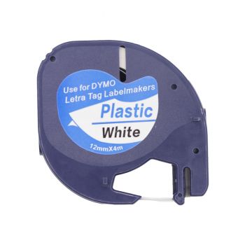 91201 Compatible LetraTag 12mm x 4m Plastic Tape Black on White