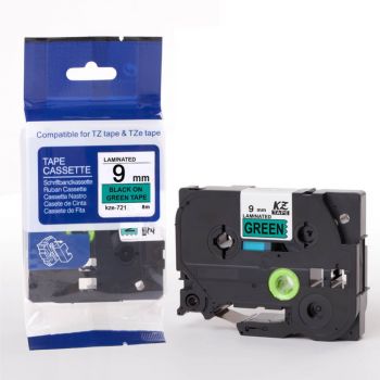 TZe721 Compatible Brother PTouch Tape 9mm Black on Green